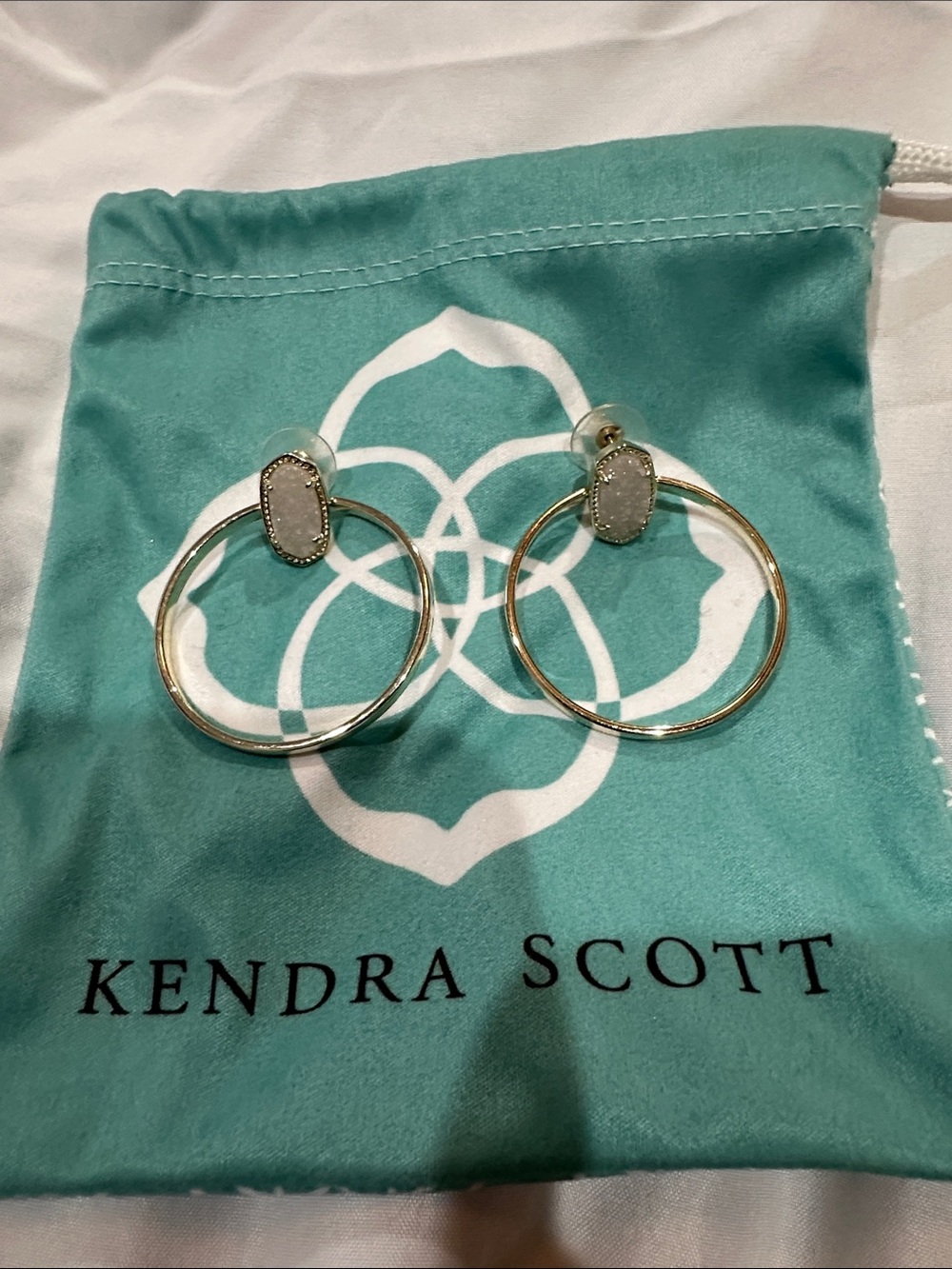Kendra Scott “Mayra Open Frame” Gold Hoop Earrings with White Drusy Studs